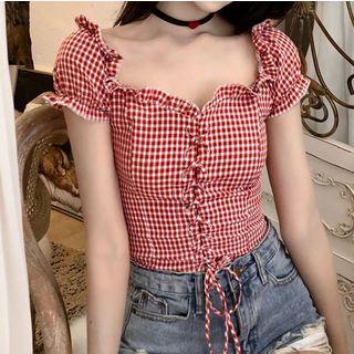 Plaid Off-shoulder Ruffle-trim Top