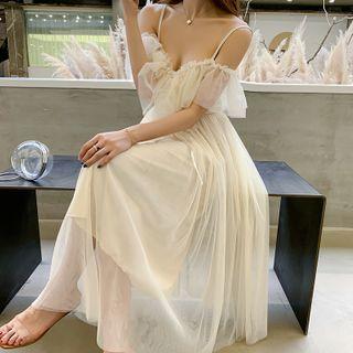 Ruffle Cold-shoulder Midi A-line Dress