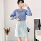 Long-sleeve Mesh Panel Knit Top+high-waist Plaid Skirt