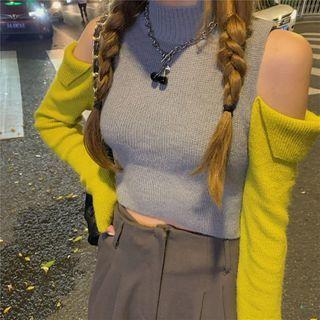 Mock-neck Contrast Long-sleeve Cutout Knitted Top Yellow & Gray - One Size