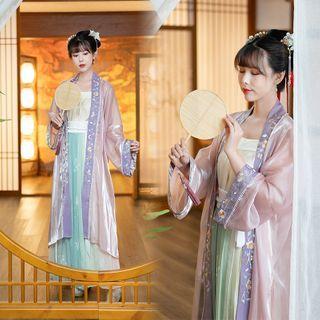 Set: Plain Hanfu Top + Maxi Skirt + Flower Light Jacket