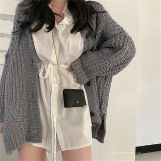 Long-sleeve Tie-waist Shirtdress / Knit Cardigan