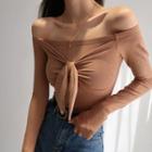 Plain Off-shoulder Lace-up Long-sleeve Knit Top