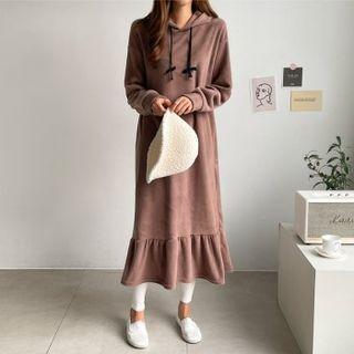 Ruffle-hem Fleece Long Hoodie Dress