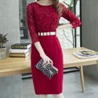 3/4-sleeve Lace Panel Straight-fit Dress With Belt