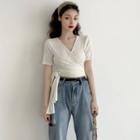 Lace-up Short-sleeve T-shirt / Distressed Wide-leg Jeans