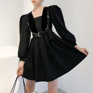 Plain Puff-sleeve Mini Dress / Leather Vest