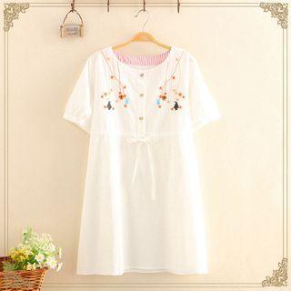 Star & Penguin Embroidered Drawstring Short-sleeve Dress White - One Size