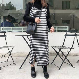 High Neck Long Sleeve Top / Spaghetti-strap Slit Argyle Dress