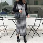 High Neck Long Sleeve Top / Spaghetti-strap Slit Argyle Dress