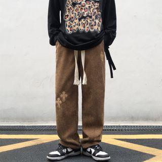 Cross Embroidered Corduroy Straight Leg Pants
