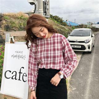 Check Long-sleeve Loose-fit Blouse / Plain Skirt