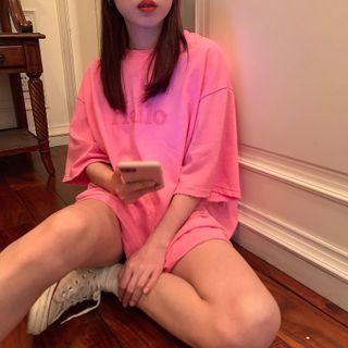 Oversize Lettering Elbow-sleeve T-shirt Pink - One Size