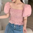 Puff-sleeve Shirred Ruffle Trim Cropped Blouse Pink - One Size