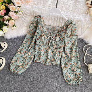 Faux Pearl Floral Print Crop Blouse