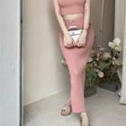 Ribbed Midi Pencil Skirt Mauve Pink - One Size