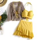 Set: Halter-neck Tankini Top + Ruffle Swim Skirt + Cover Up