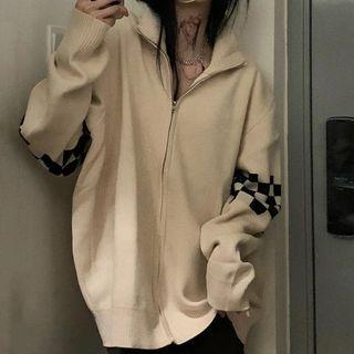 Checkerboard Print Zip Jacket