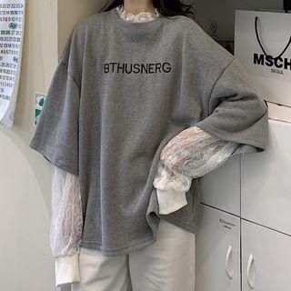 Mock Two-piece Lettering Lace Panel Long-sleeve Top