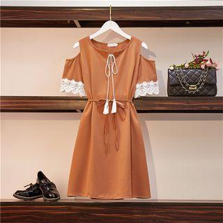 Cold-shoulder Lace Trim A-line Dress