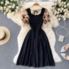 Square-neck Color Block Panel Print Puff-sleeve Dress