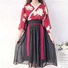 Floral 3/4-sleeve Hanfu Top / Pleated Midi Skirt
