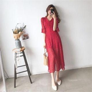Smock-waist Floral Chiffon Long Dress