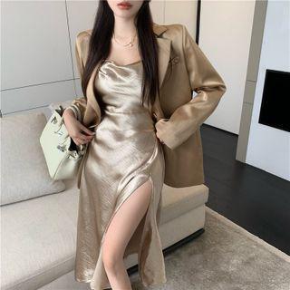 Spaghetti Strap Slit Midi A-line Dress / Blazer