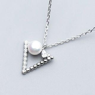 925 Sterling Silver Faux Pearl Triangle Pendant Necklace