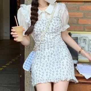 Strappy Floral Sheath Dress / Short-sleeve Blouse