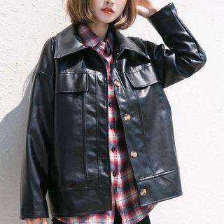 Faux Leather Button Jacket Black - M