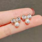 Bow Rhinestone Faux Pearl Earring Ly473 - Ear Stud - 1 Pair - Gold - One Size