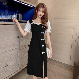 Short-sleeve Paneled Slit Midi A-line Dress