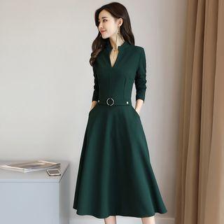 Stand Collar V-neck A-line Dress