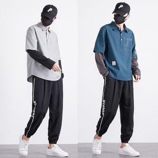 Set: Polo-neck Mock Two-piece Sweatshirt + Jogger Pants