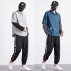 Set: Polo-neck Mock Two-piece Sweatshirt + Jogger Pants