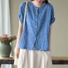 Balloon-sleeve Dotted Blouse Blue - One Size