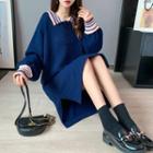 Contrast Collar Long-sleeve Midi Knit Polo Dress