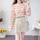 Striped Sweater / Plaid Mini A-line Skirt / Set