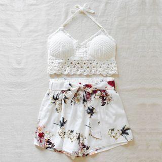 Set: Halter-neck Pointelle Knit Top + Floral Print Shorts