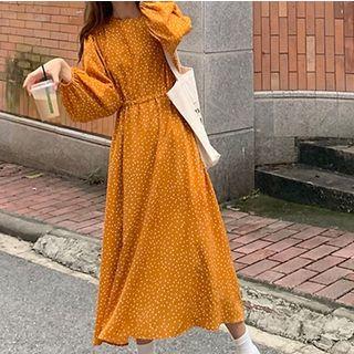 Dotted Long-sleeve Midi A-line Dress Yellow - One Size