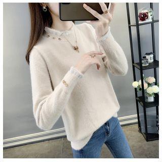 Long-sleeve Lace Trim Mock-neck Knit Top