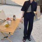 Short-sleeve Crop Shirt / High-waist Straight Leg Pants