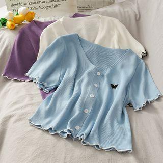 Butterfly-embroidered V-neck Top