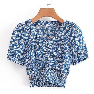 Puff-sleeve V-neck Ruched Floral Cropped Top