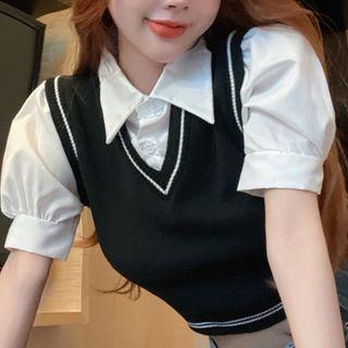 Mock Two-piece Short-sleeve Knit Panel Crop Shirt Black - One Size