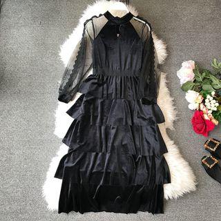 Mesh Panel Long-sleeve A-line Tiered Dress