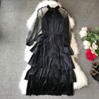 Mesh Panel Long-sleeve A-line Tiered Dress