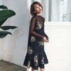 Set: Lace Sheer Top + Floral Jumper Dress