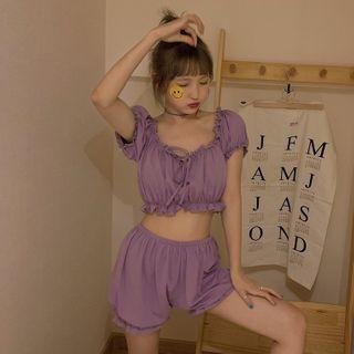 Short-sleeve Plain Cropped Top + Frill Trim Plain Shorts